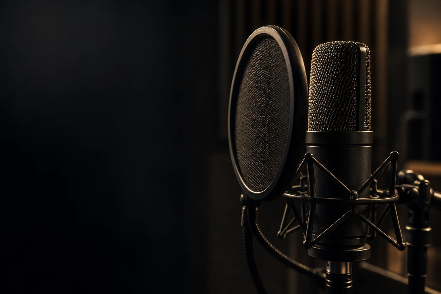 Microphone doré dans une lumière chaude, illustration d’ambiance musicale