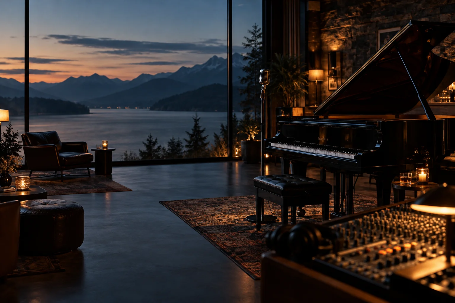 Piano à queue dans un décor lumineux, illustration d’ambiance